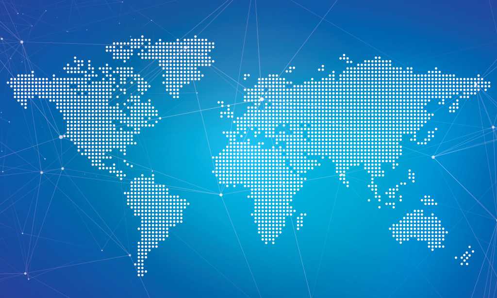 World map dots on blue background