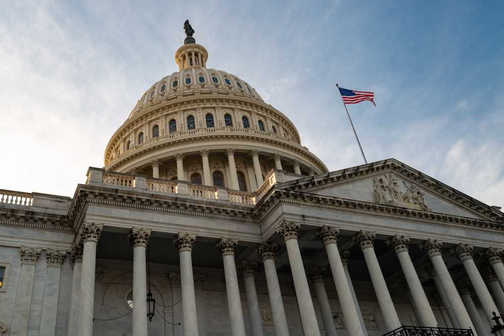 US Capitol building and dome, home of the US Congress, in Washington, DC on Capitol Hill. Washington DC Capitol dome detail. American symbol.