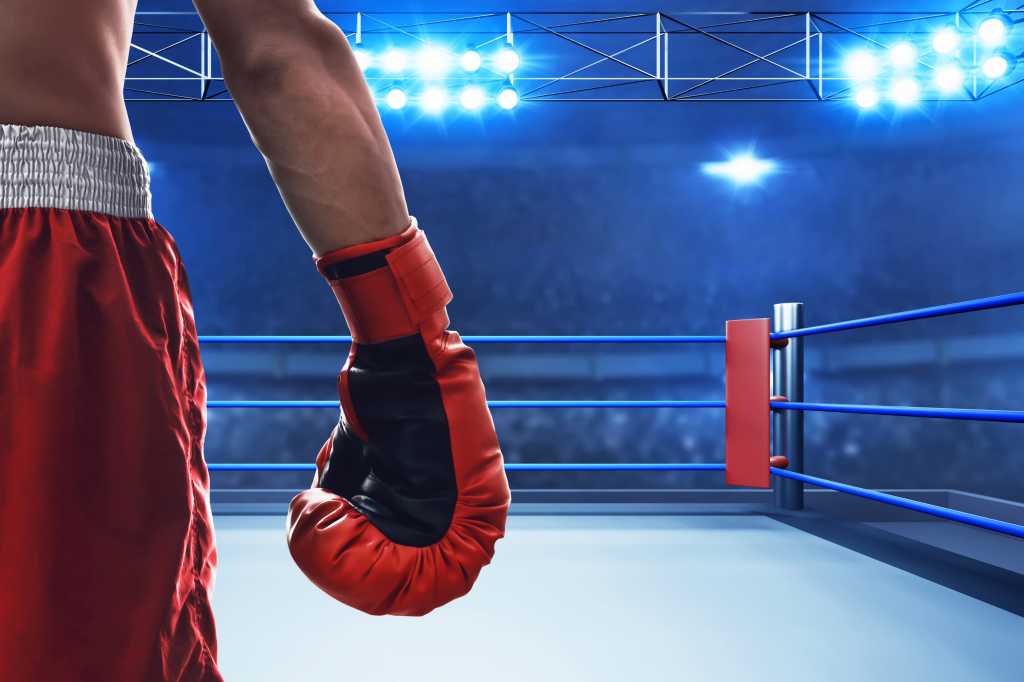 boxer entering boxing ring, rear view with red boxing shorts and red boxing gloves