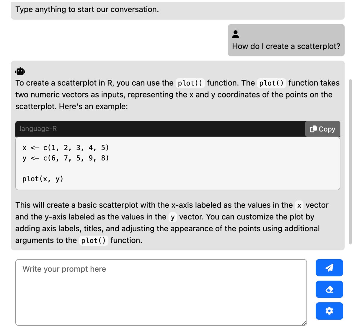 Asking gtpstudio for a scatterplot in R.