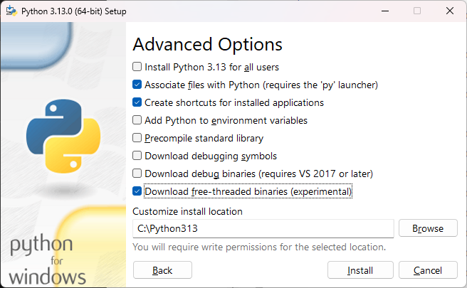 Python 3.13 install pane with free-threaded build option