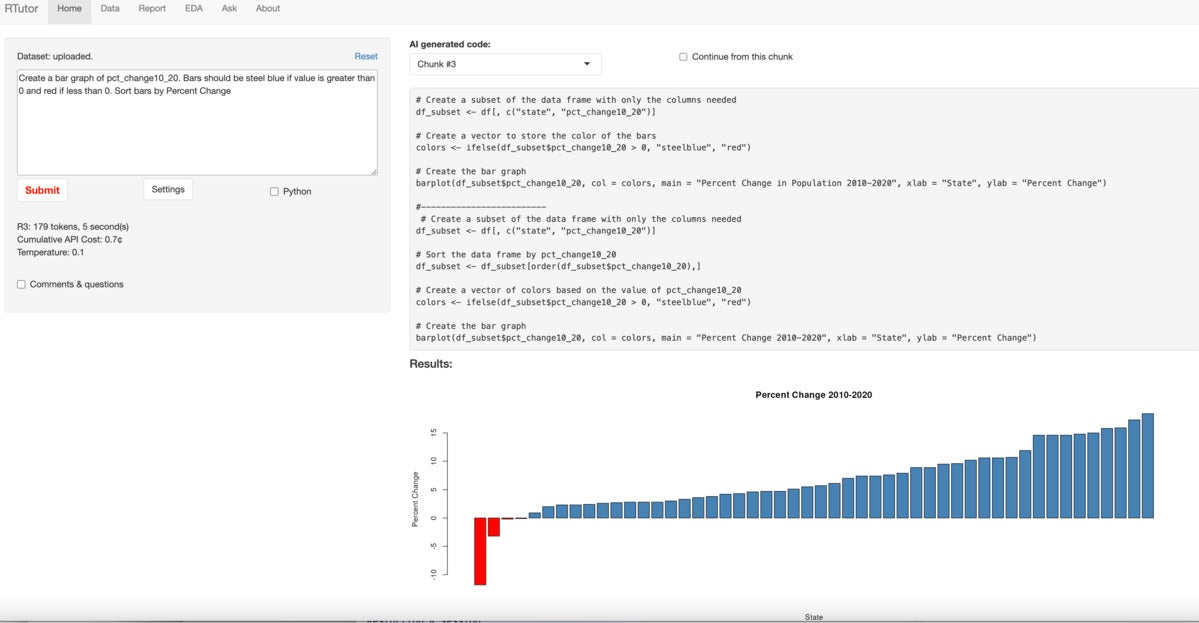 Bar graph generated by asking for bars to be steel blue if value > 0 and red if <0, sorted.