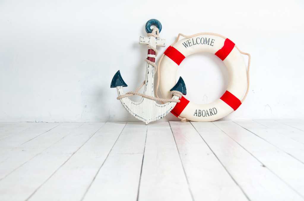 Lifebuoy and anchor on a white background.