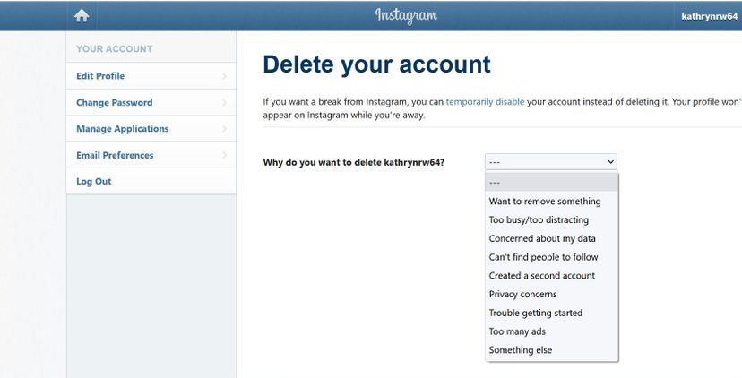 screenshot of deleting Instagram