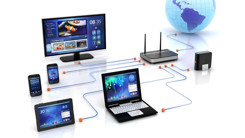 home network solution & wifi router connectivity to smart tv streaming, digital HDD storage, PCs & laptops, mobile smartphones and Tablet Pc .. rendered in 3D