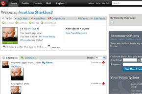 A Bebo profile page allows users to aggregate e-mail and news feeds.